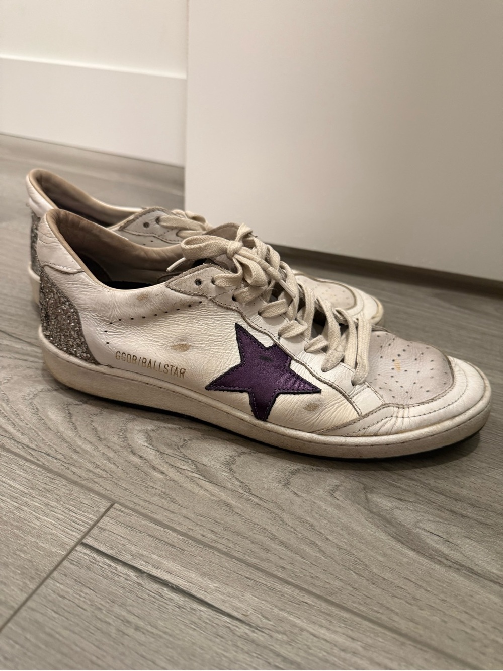 Golden Goose White Leather Sneaker with Purple Star and Silver Glitter Heel